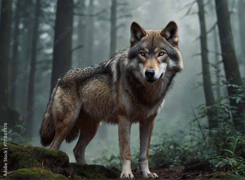 A gray wolf in the forest. A predatory forest beast.