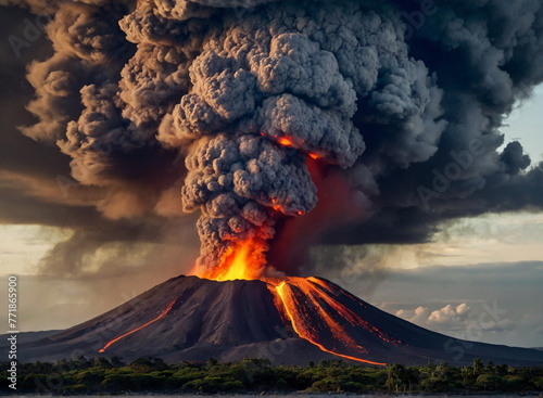 A volcanic eruption. Red-hot magma and thick smoke. Danger and disaster. A natural cataclysm. Lava from the volcano's mouth.