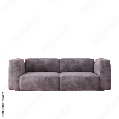A grey couch contrasts against a transparent background in a modern furniture setting