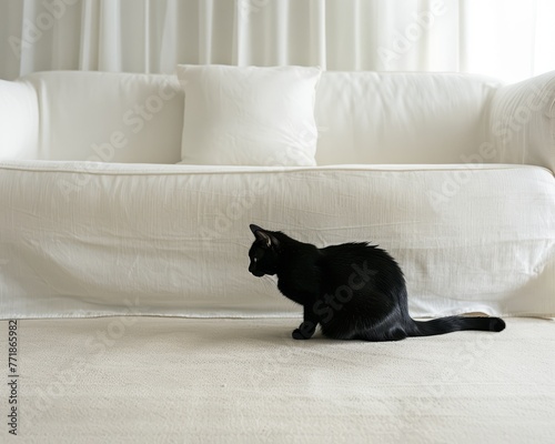 Black cat sitting on sofa at home. Black cat looking at camera.