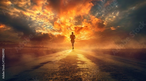 An image depicting a lone marathon runner in the vastness of the course, with a determined expression, illustrating the personal struggle and perseverance beyond the competitive aspect. photo