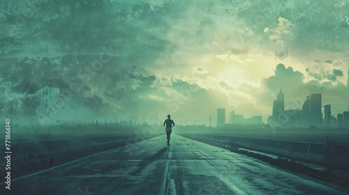 An image depicting a lone marathon runner in the vastness of the course, with a determined expression, illustrating the personal struggle and perseverance beyond the competitive aspect. photo