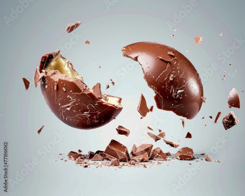 Broken chocolate egg on a gray background.