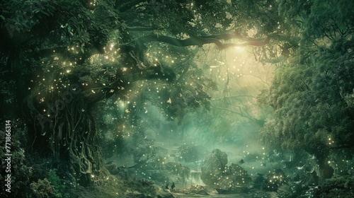 An image depicting a magical moment in an enchanted forest, where the natural world seems alive with mystical creatures and ethereal light, inviting the viewer into a world of wonder and fantasy.