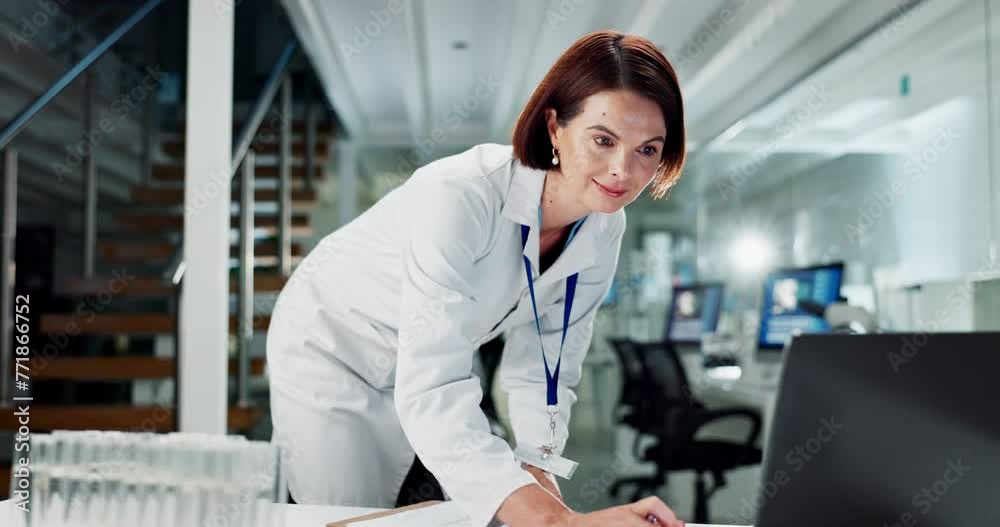 Woman, scientist and laptop in laboratory with writing, reading or data analysis for pharma research. Mature person, lab and computer for studying, innovation or inspection for science with results