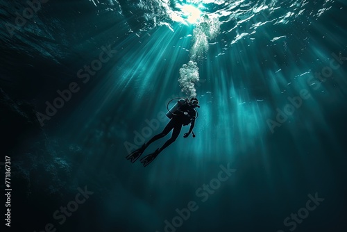 A diver plunging into unknown depths, metaphor for exploring uncharted territories and taking risks