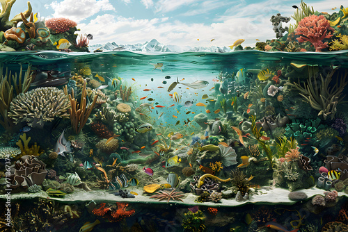 Detailed Scientific Illustration of Marine Ecosystem and Biodiversity