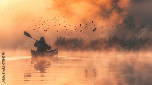 a canoe navigating through a foggy wetland at dawn, capturing shots of birds in flight, the mist creating a dreamlike quality that emphasizes the tranquility and beauty of wetland ecosystems. © Sasint