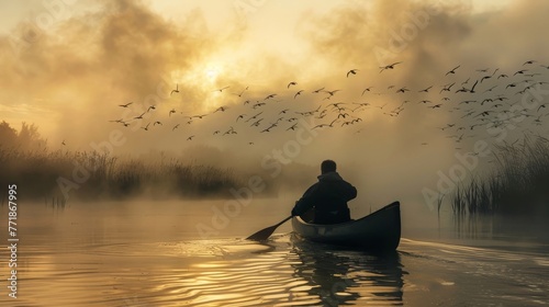a canoe navigating through a foggy wetland at dawn, capturing shots of birds in flight, the mist creating a dreamlike quality that emphasizes the tranquility and beauty of wetland ecosystems.