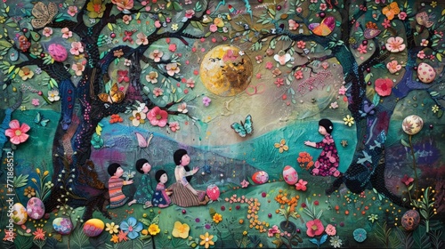An image portraying a community or family gathering to celebrate the spring equinox, surrounded by symbols of spring such as eggs, flowers, and greenery, marking the season of balance and renewal.