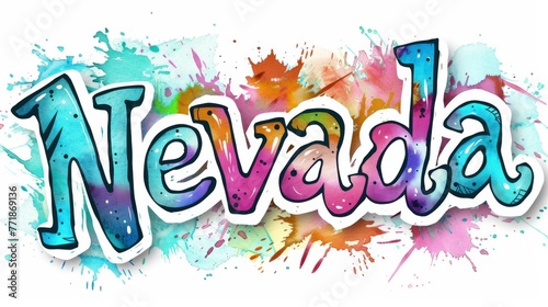Colorful Nevada lettering with watercolor splashes, excellent for vibrant state promotion, artistic events, and playful marketing materials
