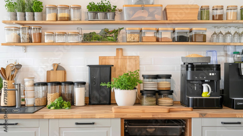 An image showcasing a modern, zero-waste kitchen setup with bulk bins, reusable containers, and composting solutions, emphasizing a lifestyle free from single-use plastics.