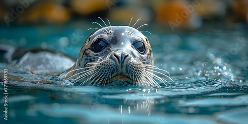 A seal swims in a pool of clean water at a rehabilitation reserve for common seals. Concept Wildlife Conservation, Marine Animals, Animal Rehabilitation, Nature Photography