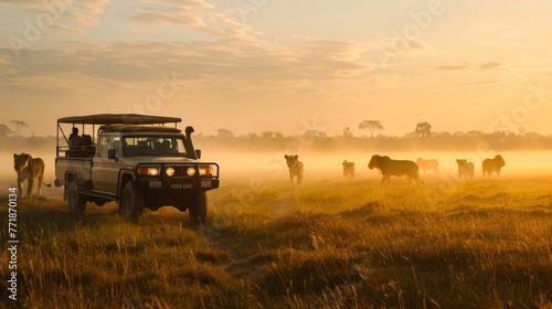 a safari vehicle stopped in the early morning mist, with passengers quietly observing a pride of lions, the fog adding a layer of mystique and reverence to the wildlife viewing experience.