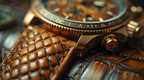 Focus on the fine-grained texture of a leather watch strap, its supple surface inviting the viewer to appreciate the tactile beauty of natural materials. photo