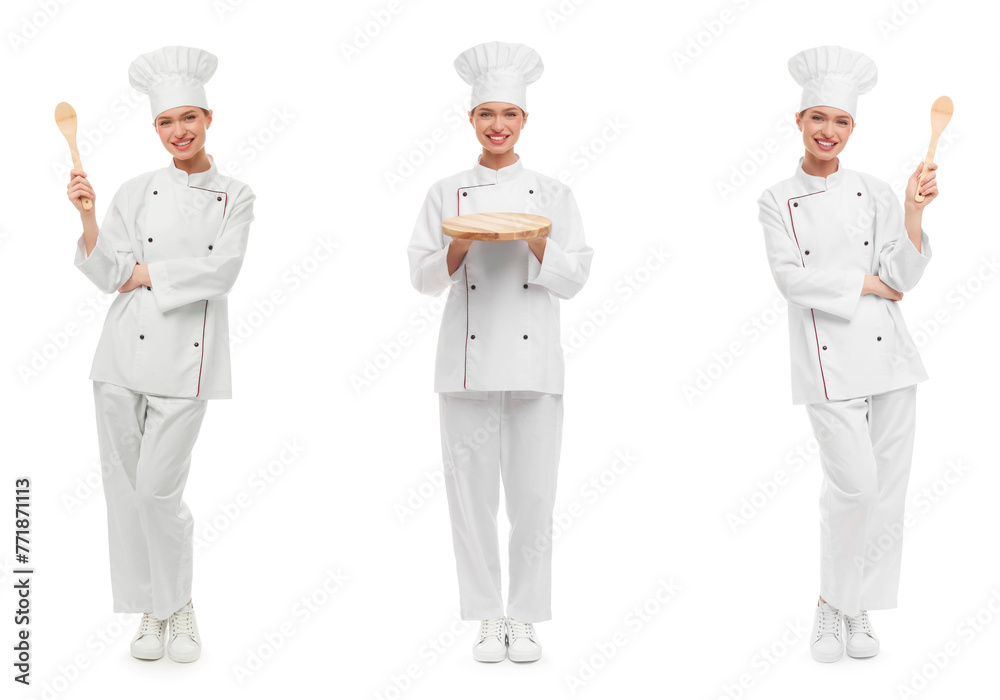 Chef in uniform on white background, set with photos