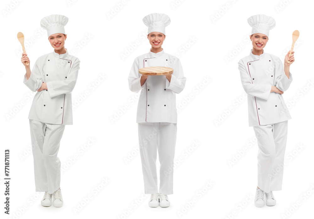 Chef in uniform on white background, set with photos Chef in uniform on white background, set with photos