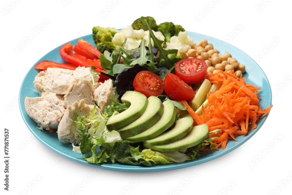 Balanced diet and healthy foods. Plate with different delicious products isolated on white Balanced diet and healthy foods. Plate with different delicious products isolated on white