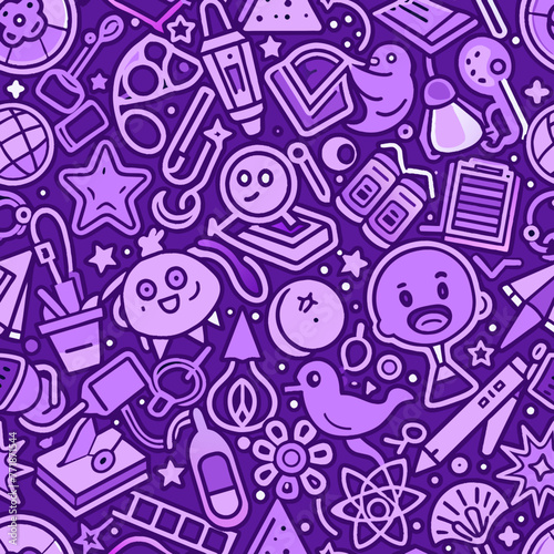Funny seamless pattern with school supplies and creative elements