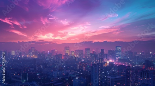 At dusk, the panoramic skyline is awash with ethereal pastels.