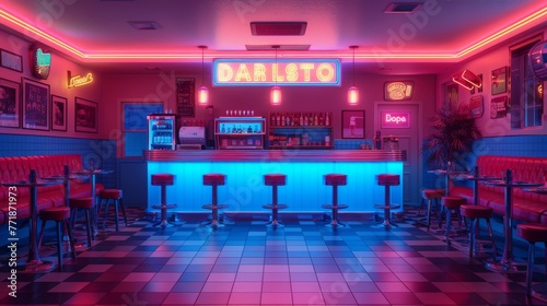In the midst of midnight blues and electric pinks, neon signs bring a retro diner scene to vibrant life © Lerson
