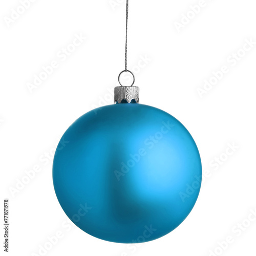 Light blue Christmas ball hanging on white background