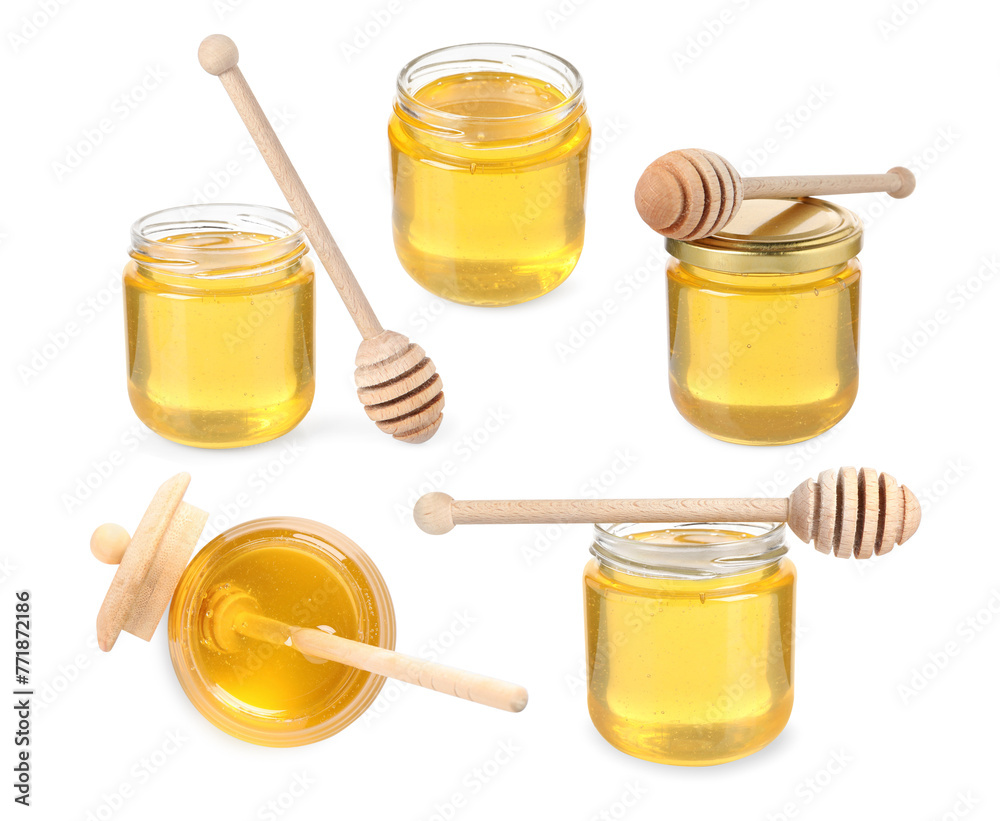 Natural honey in glass jars and dippers isolated on white, set Natural honey in glass jars and dippers isolated on white, set