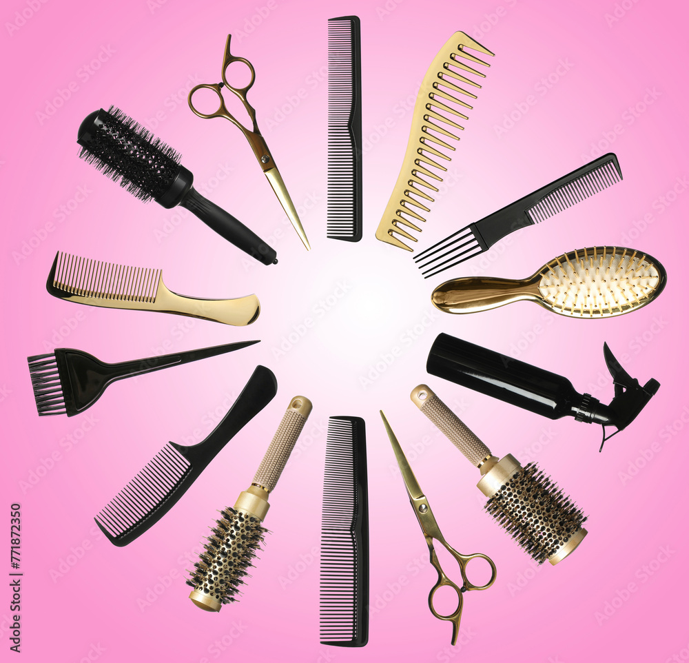 Different hairdresser tools on pink background, set
