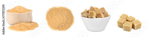 Brown sugar (granulated and cubes) isolated on white, set