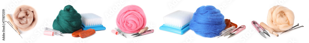 Fototapeta premium Colorful felting wool and different tools isolated on white, set