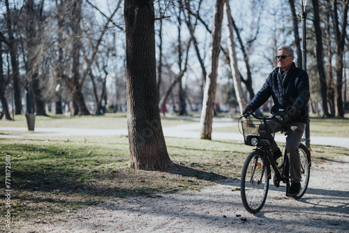 Active senior man enjoying a bike ride in a sunny park with trees.