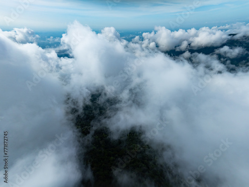 Amazing fog mist over mountains,Aerial view landscape drone shot beautiful nature background