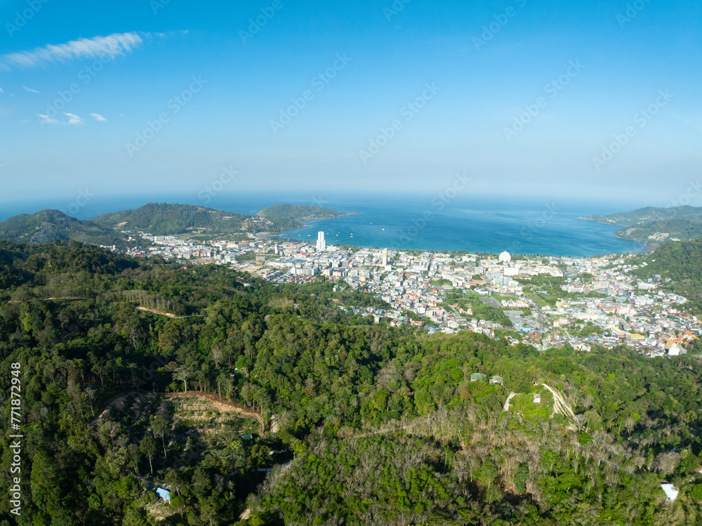 Patong bay Phuket Thailand, Amazing beautiful ocean in andaman sea, Aerial view Drone camera High angle view.