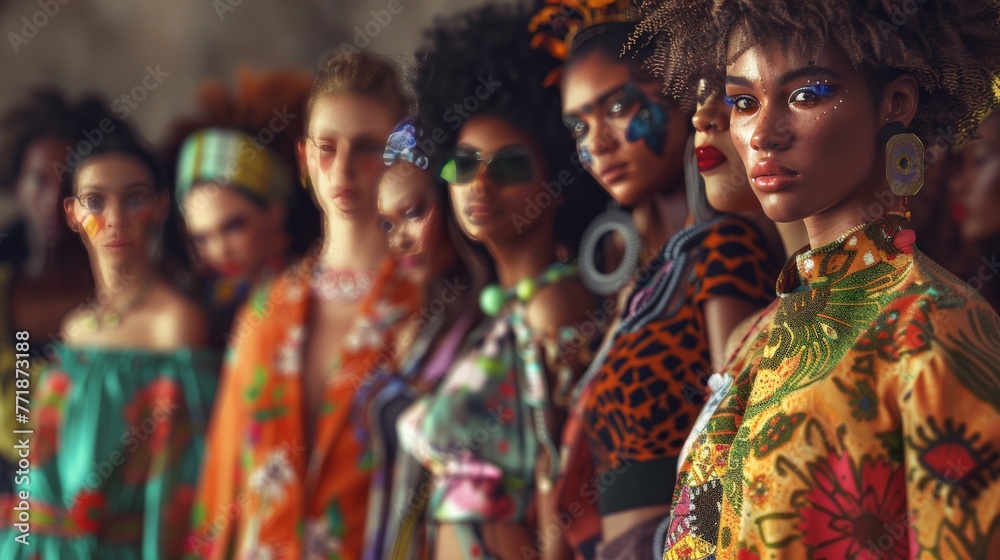 Create a fashion-forward scene featuring people of all genders, ethnicities, and styles. Imagine a runway where models proudly showcase diverse clothing designs, breaking stereotypes