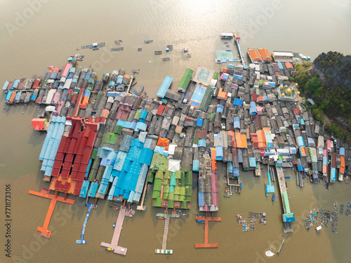 Aerial view of Panyee island in Phang Nga Thailand,High angle view Floating village, Koh Panyee fishing village island in Phang Nga, Thailand photo