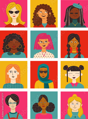 Vector illustration. Set of girl portraits of different ethnicities with various hair styles and clothes.