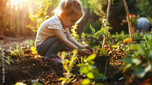showcasing a child in their garden, engaging in eco-friendly activities like planting trees, recycling, and creating habitats for wildlife, embodying the spirit of environmental stewardship.