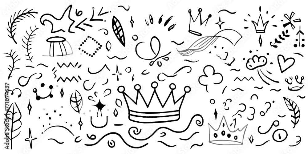 Hand drawn doodle design elements, black on white background. Swishes ...
