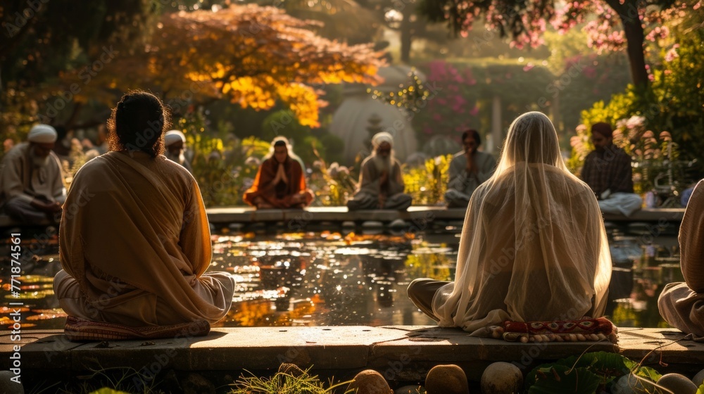 Picture a serene moment where individuals from various faiths gather in a peaceful garden. Capture the essence of unity, respect, and shared spirituality.