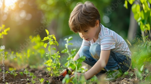 showcasing a child in their garden, engaging in eco-friendly activities like planting trees, recycling, and creating habitats for wildlife, embodying the spirit of environmental stewardship.