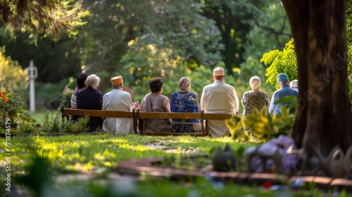 Picture a serene moment where individuals from various faiths gather in a peaceful garden. Capture the essence of unity, respect, and shared spirituality.