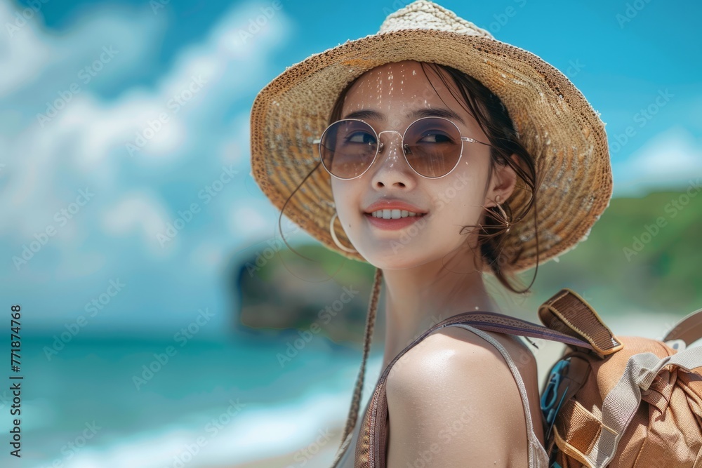 Happy young female tourists wear beach hats and sunglasses on holiday trips.