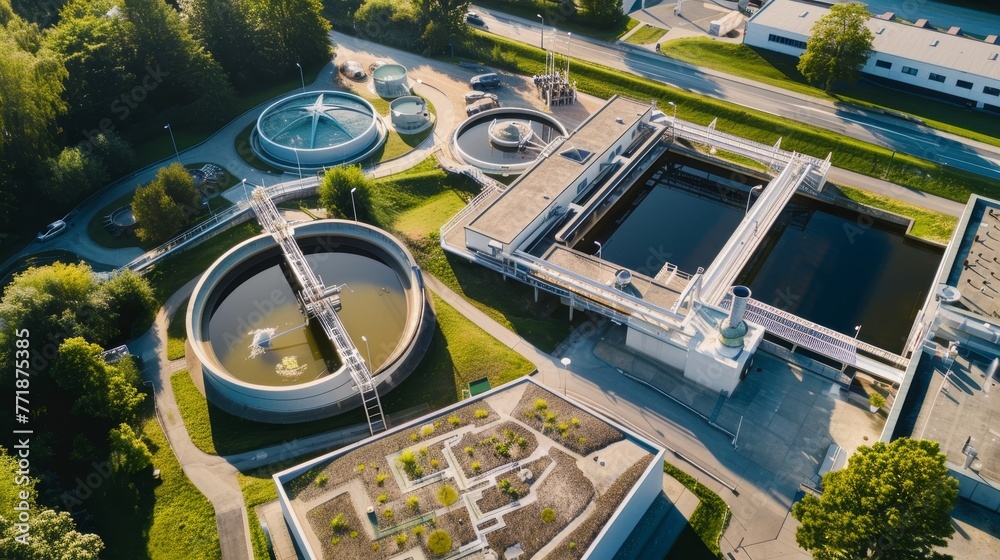 Creative aerial shot of a water treatment facility, representing the intersection of technology, environment, and innovation - obrazy, fototapety, plakaty 