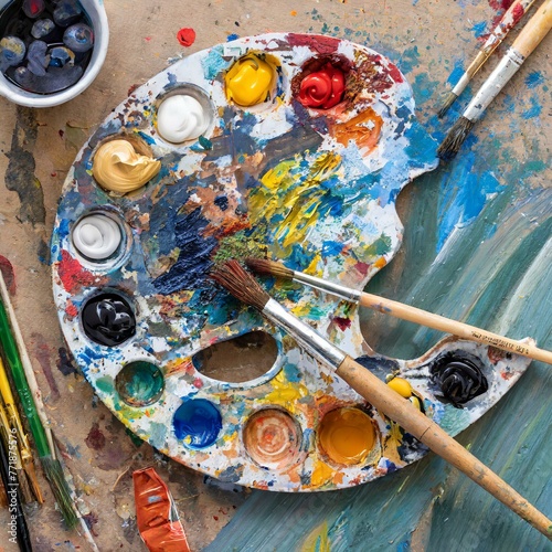 Colorful artist paint palette with bright paint and brushes photo