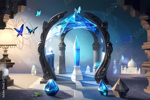 RPGゲーム背景モルフォ蝶をイメージした水晶門のセーブポイント魔法舞台
