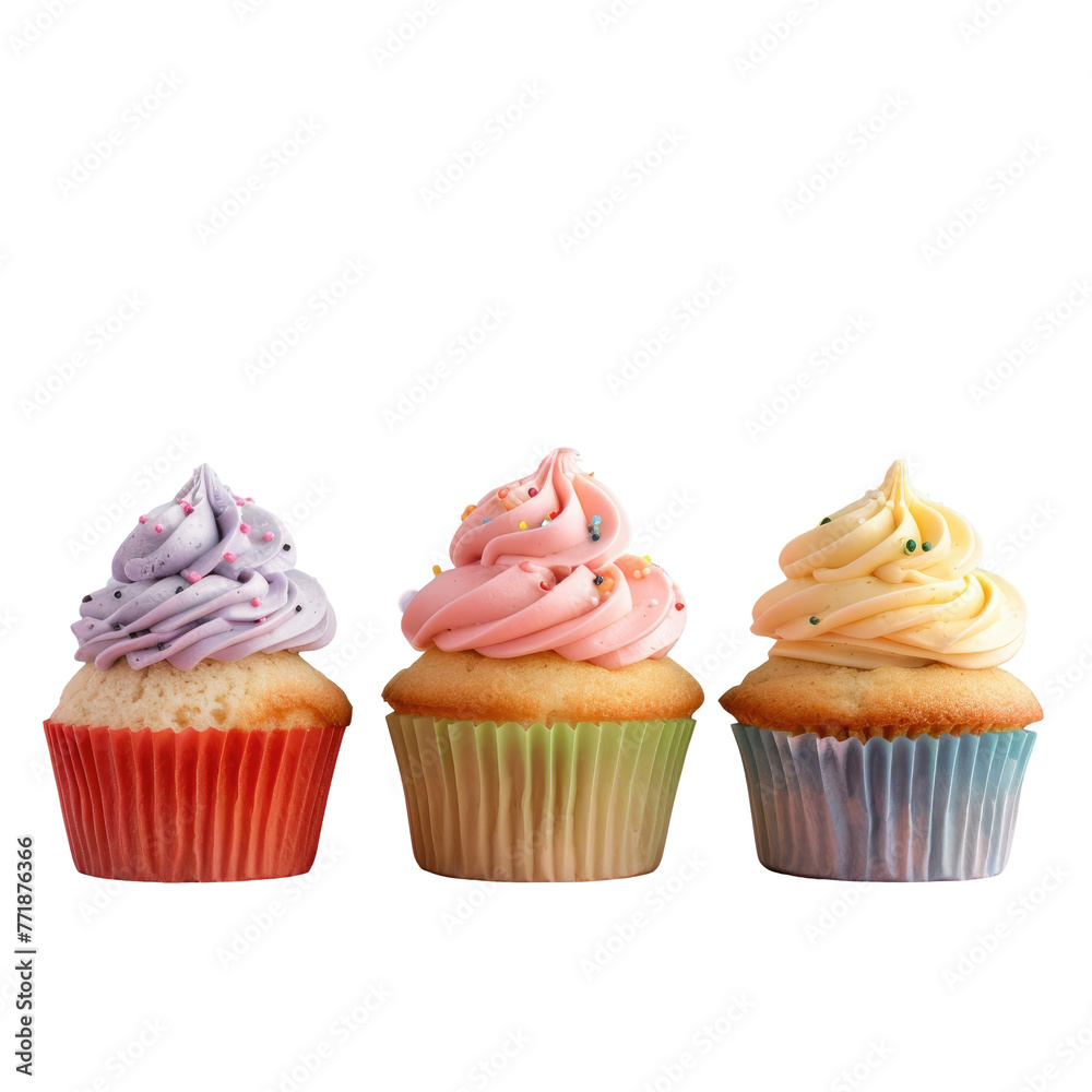 Three cupcakes with varying frosting colors displayed on transparent background Three cupcakes with varying frosting colors displayed on transparent background