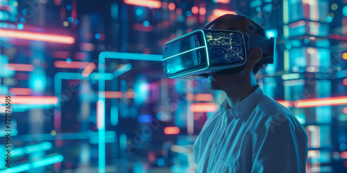 Man immersed in modern virtual world wearing VR goggles amidst city illuminated by vibrant neon lights intersection of technology and innovation futuristic cyber realities meet everyday life © mah