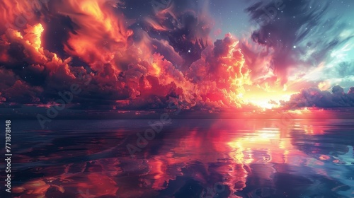 A captivating natural landscape painting featuring a sunset over a tranquil lake, with fiery clouds in the sky creating a stunning afterglow during dusk