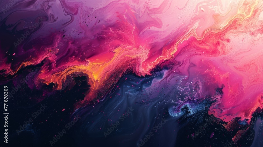 A close up of a vibrant painting featuring shades of purple and magenta against a dark background, resembling a cumulus cloud in the atmospheric sky - obrazy, fototapety, plakaty 