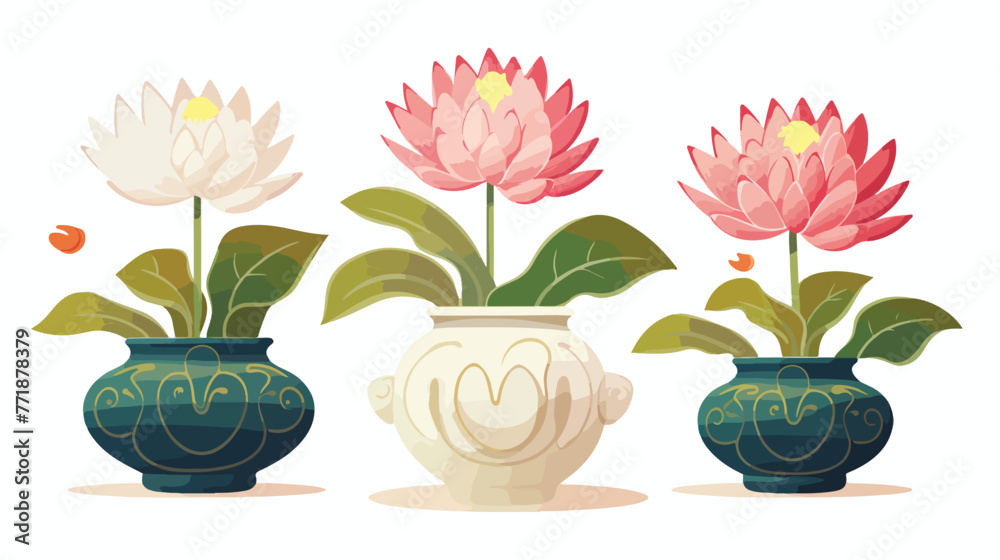 Indian lotus flowers in porcelain pots vector illus
